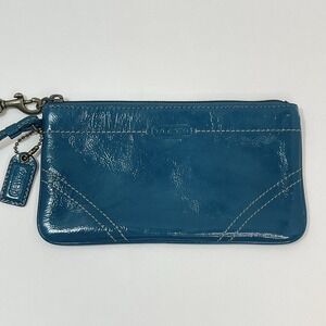 Vintage Coach Teal Patent Leather Wristlet Pouch Stitching w/ Gold Hardware